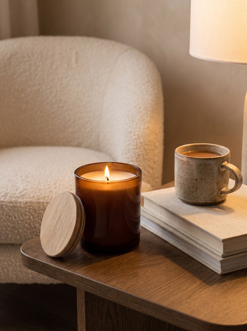 Amber & Fig Soy Candle lit on a wooden side table in a softly lit living room