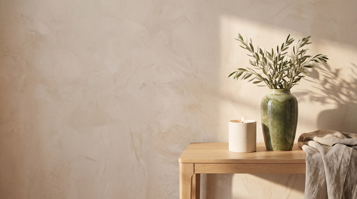 Sunlit living room console with a lit Linen & Neroli stoneware candle and a moss green ceramic vase with olive branches