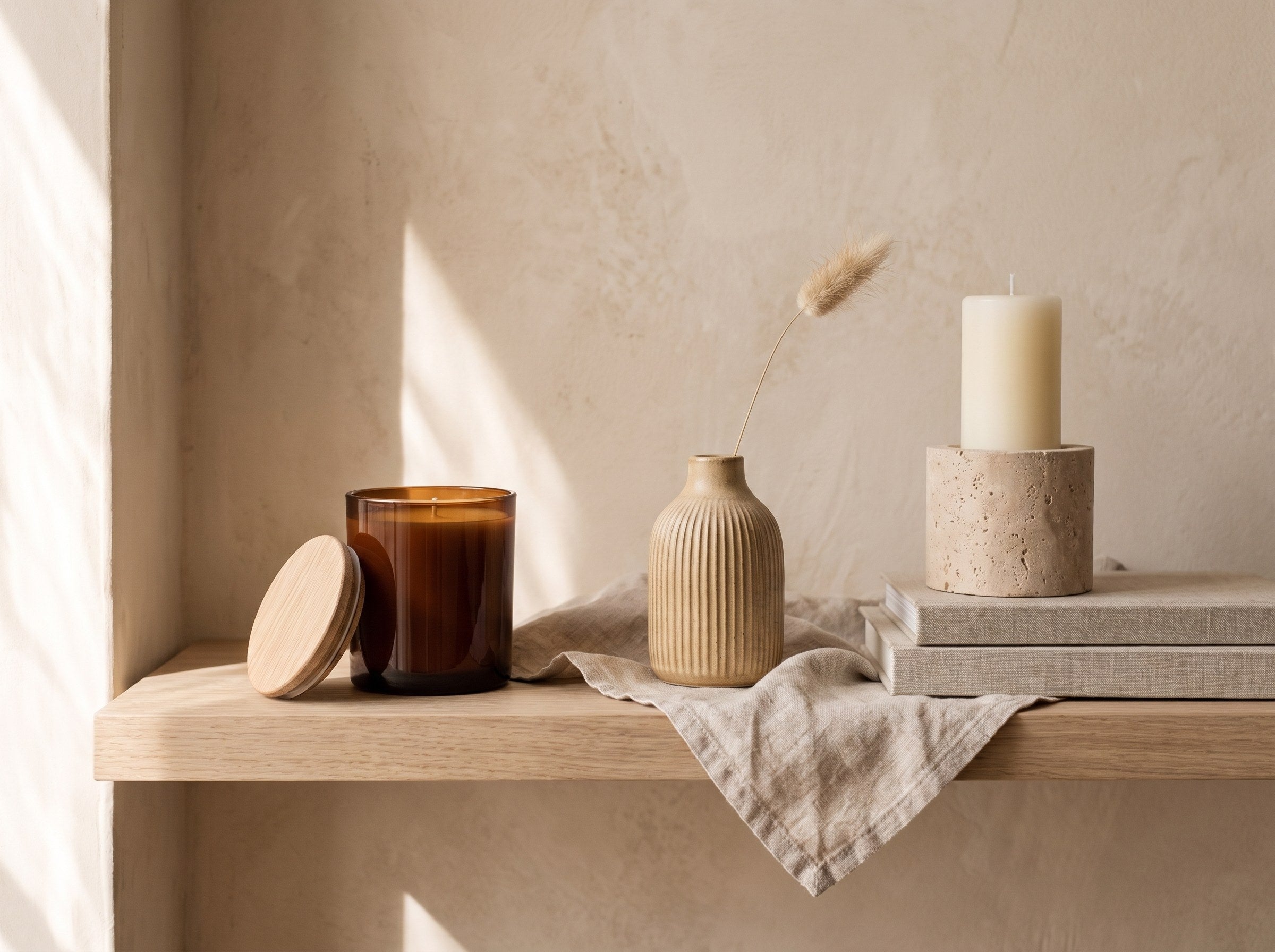 Oak shelf styled with the Amber & Fig candle, ribbed sand bud vase and travertine candle holder
