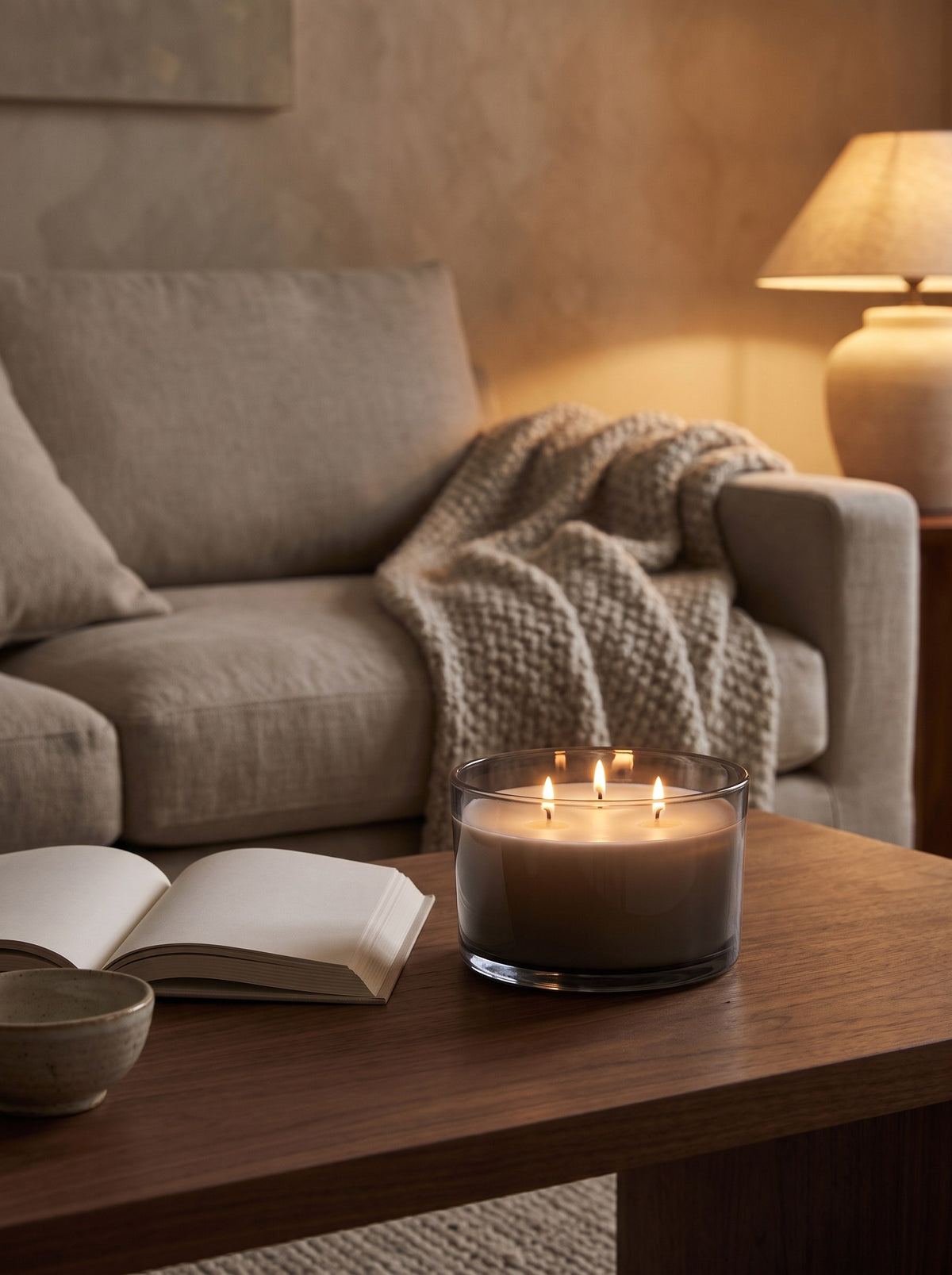Cedar & Vetiver three-wick candle lit on a coffee table in a living room at dusk