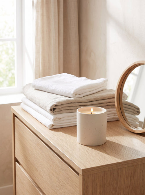 Linen & Neroli stoneware candle lit on a bedroom dresser beside folded linen
