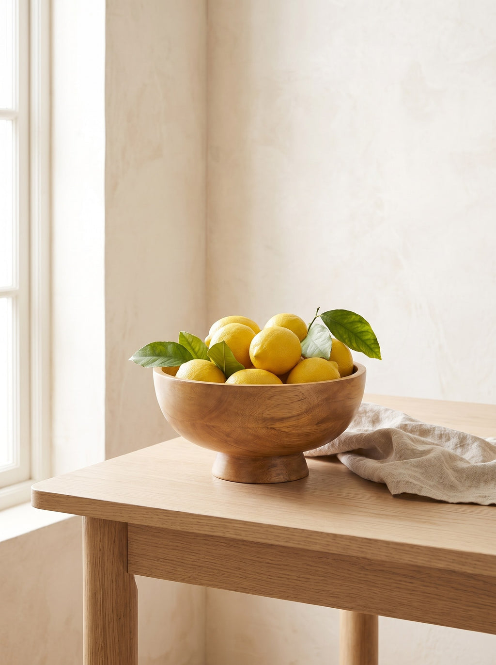 Mango wood pedestal bowl filled with lemons on a kitchen table