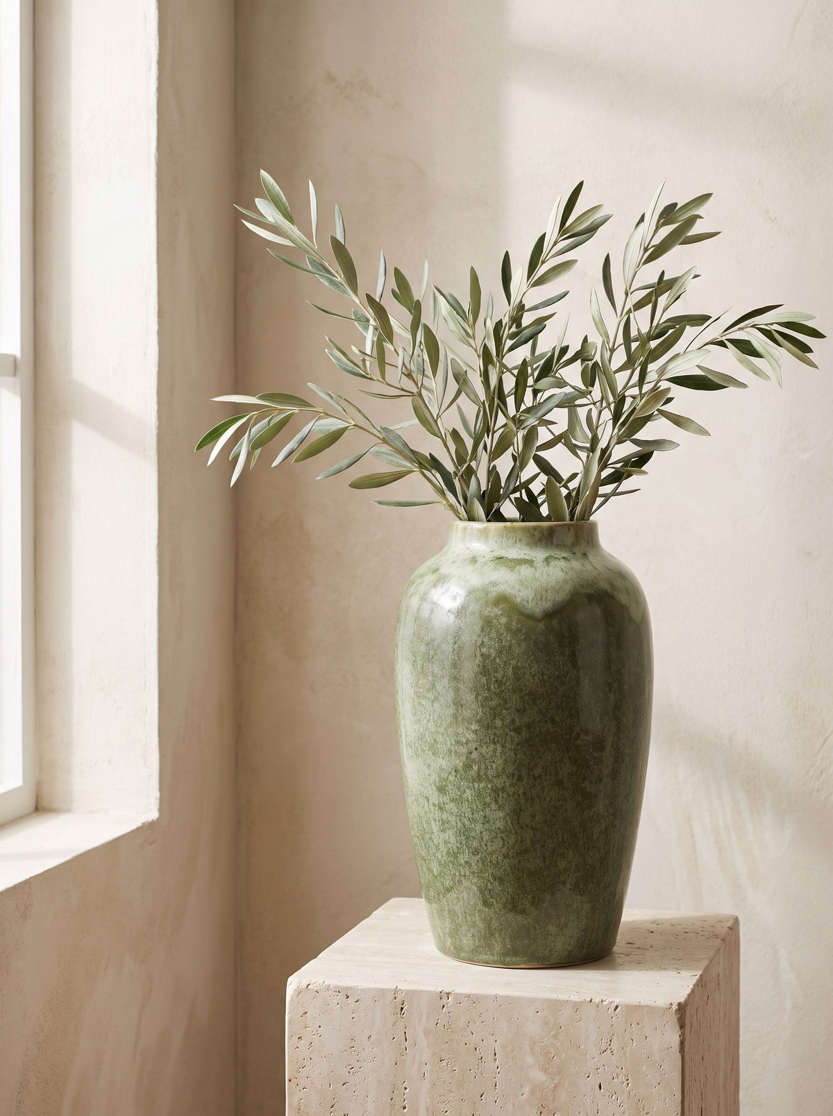 Moss green reactive glaze ceramic vase with olive branches on a travertine plinth