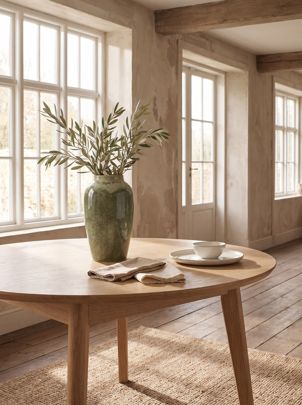 Moss green ceramic vase with branches on a dining table in a bright room