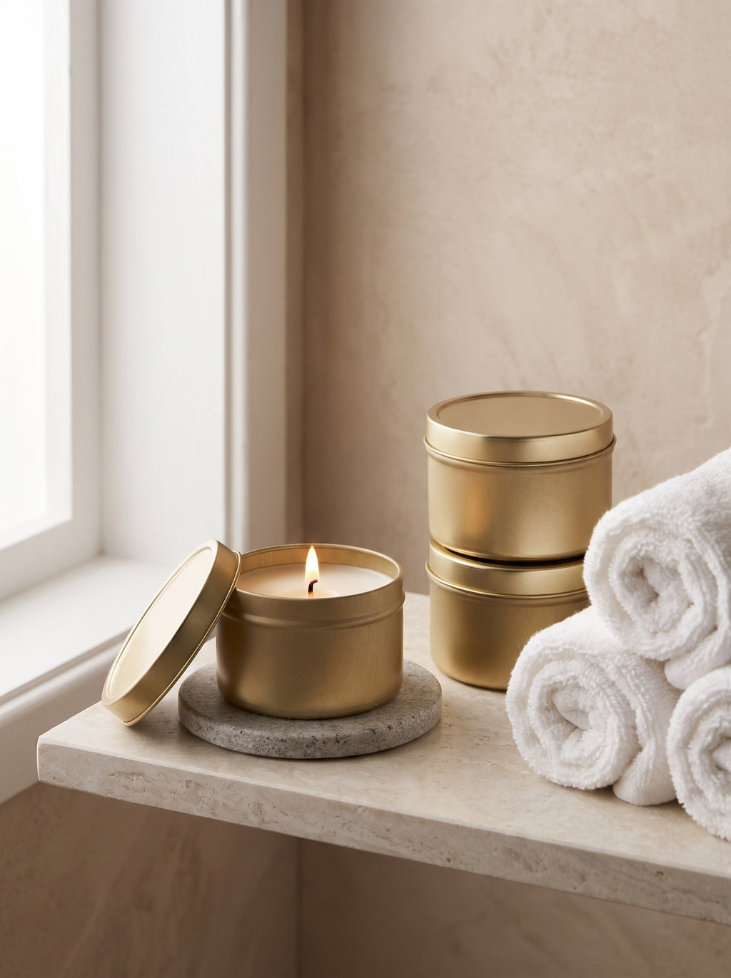 Travel tin candle lit on a bathroom shelf beside a stack of towels