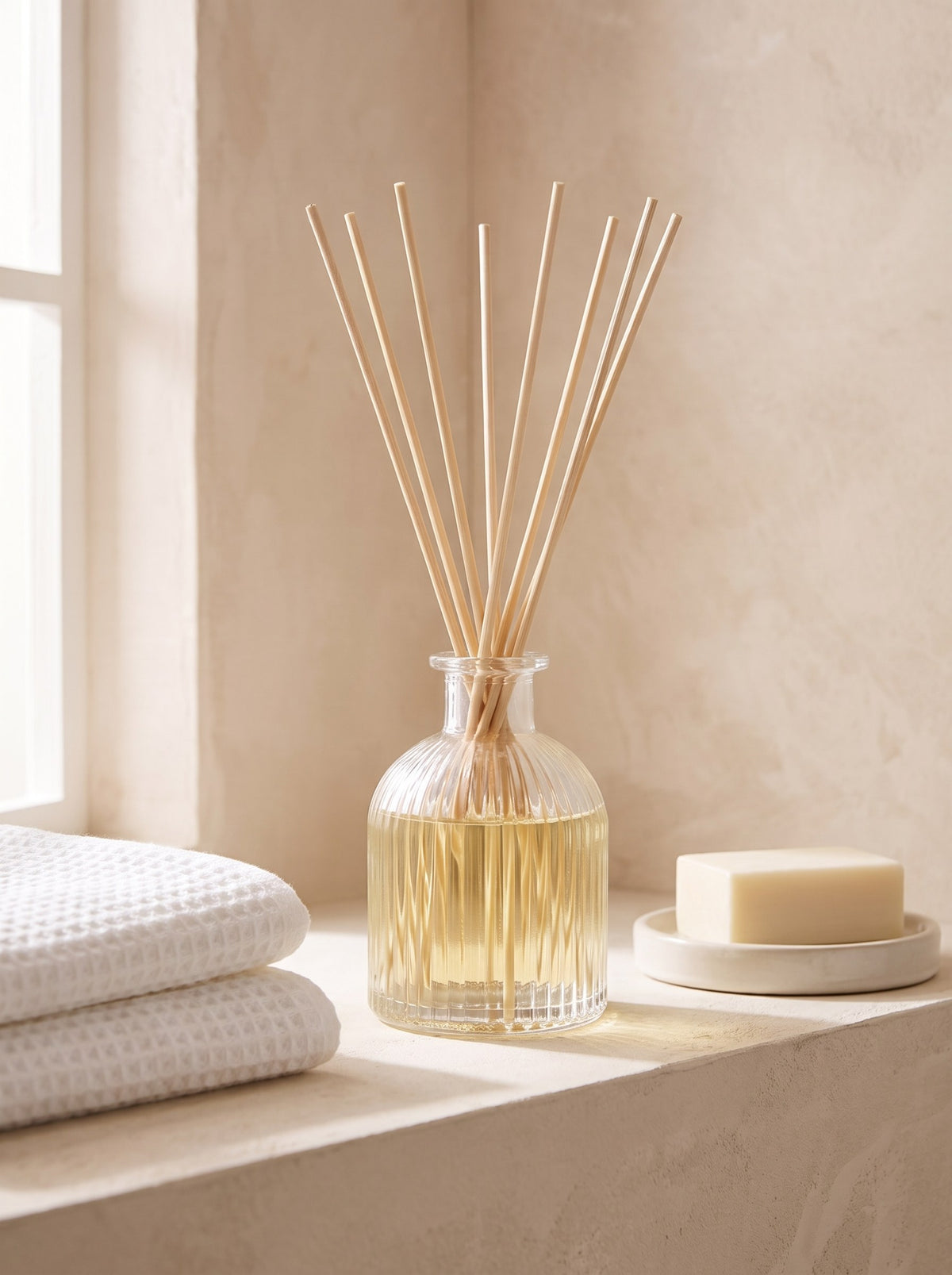 White Tea & Bergamot reed diffuser on a bathroom shelf beside folded towels